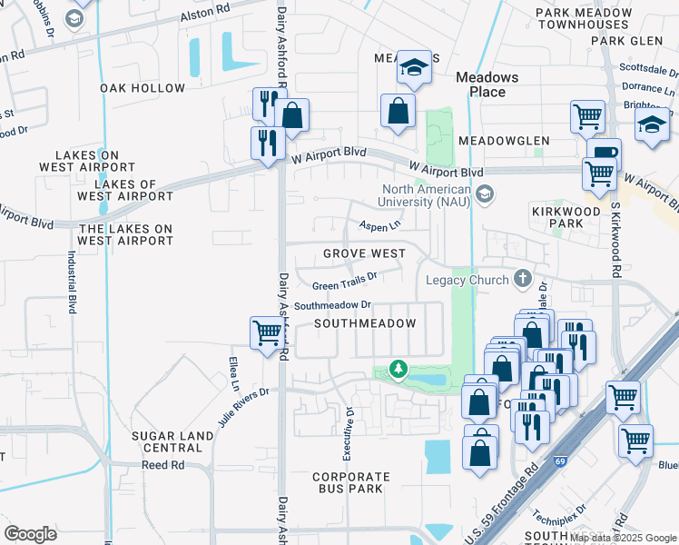 map of restaurants, bars, coffee shops, grocery stores, and more near 12215 Green Trails Drive in Stafford
