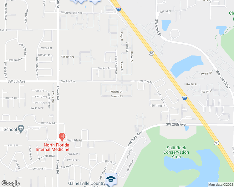 map of restaurants, bars, coffee shops, grocery stores, and more near 736 Queens Road in Gainesville