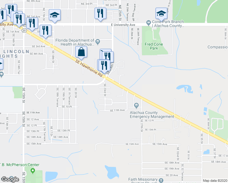 map of restaurants, bars, coffee shops, grocery stores, and more near 2425 Southeast 9th Place in Gainesville