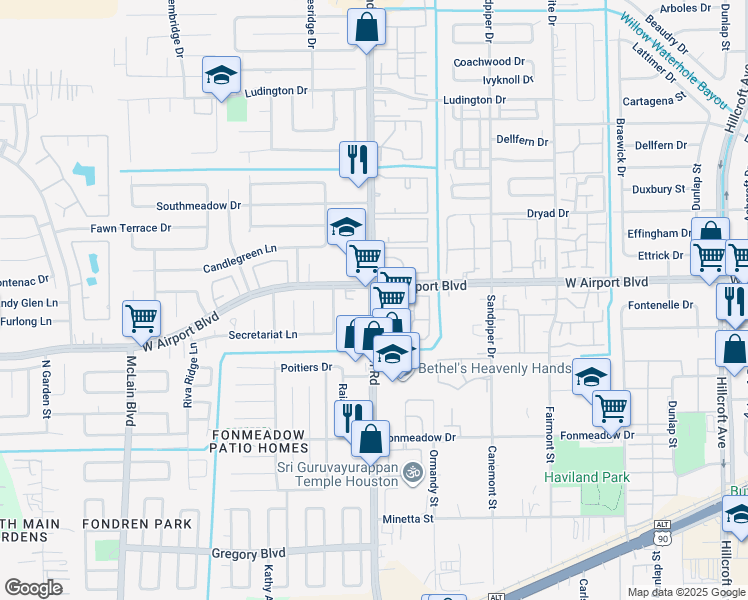 map of restaurants, bars, coffee shops, grocery stores, and more near 12311 Fondren Road in Houston