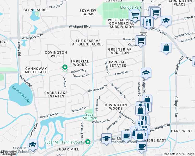 map of restaurants, bars, coffee shops, grocery stores, and more near 1522 Alderbrook Drive in Sugar Land
