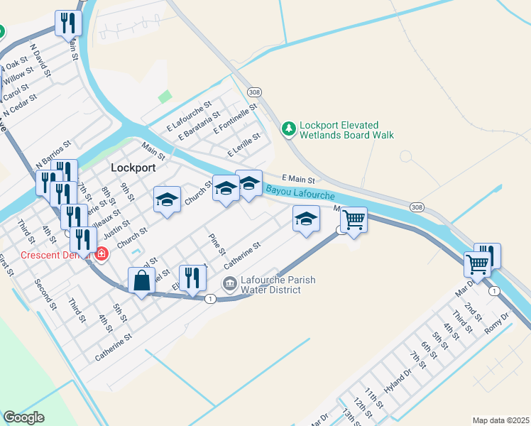 map of restaurants, bars, coffee shops, grocery stores, and more near Oak Street in Lockport