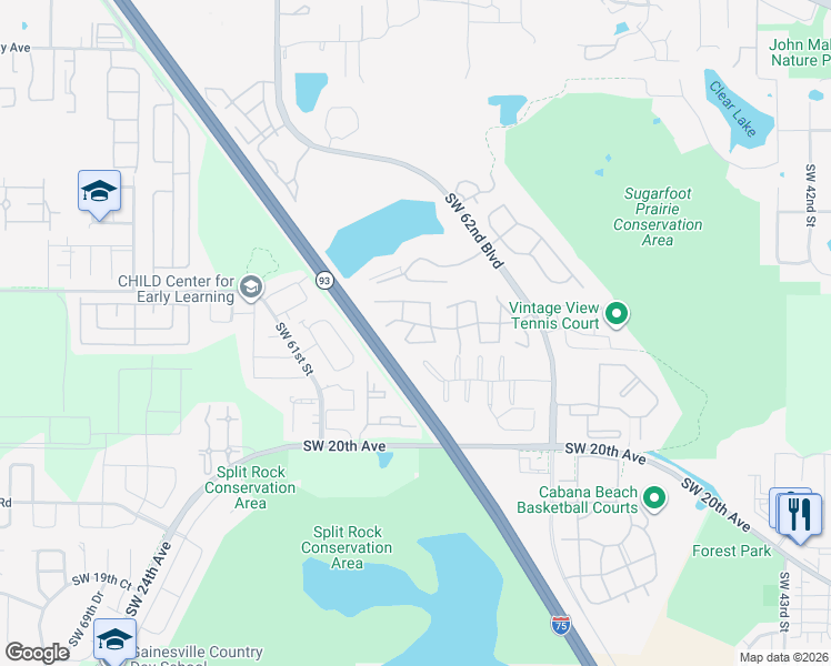 map of restaurants, bars, coffee shops, grocery stores, and more near 5753 Southwest 10th Place in Gainesville