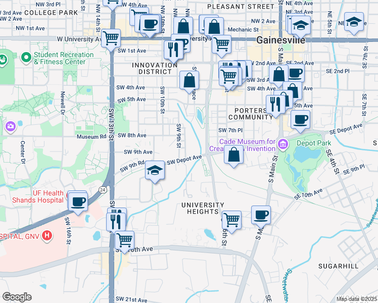 map of restaurants, bars, coffee shops, grocery stores, and more near 710 Southwest Depot Avenue in Gainesville