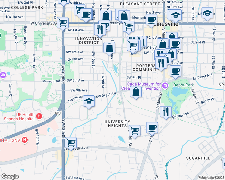 map of restaurants, bars, coffee shops, grocery stores, and more near 257 Southwest Depot Avenue in Gainesville