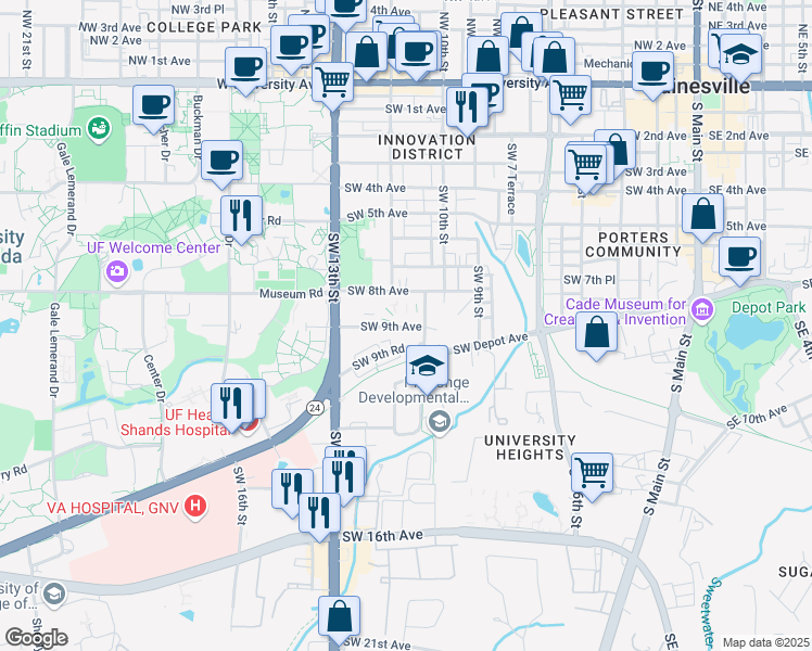 map of restaurants, bars, coffee shops, grocery stores, and more near 1115 Southwest 9th Road in Gainesville