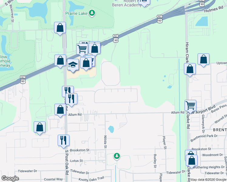 map of restaurants, bars, coffee shops, grocery stores, and more near 12615 Querida Court in Houston