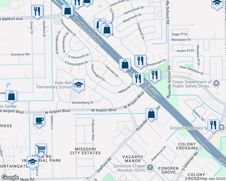map of restaurants, bars, coffee shops, grocery stores, and more near 12506 Millbanks Drive in Houston