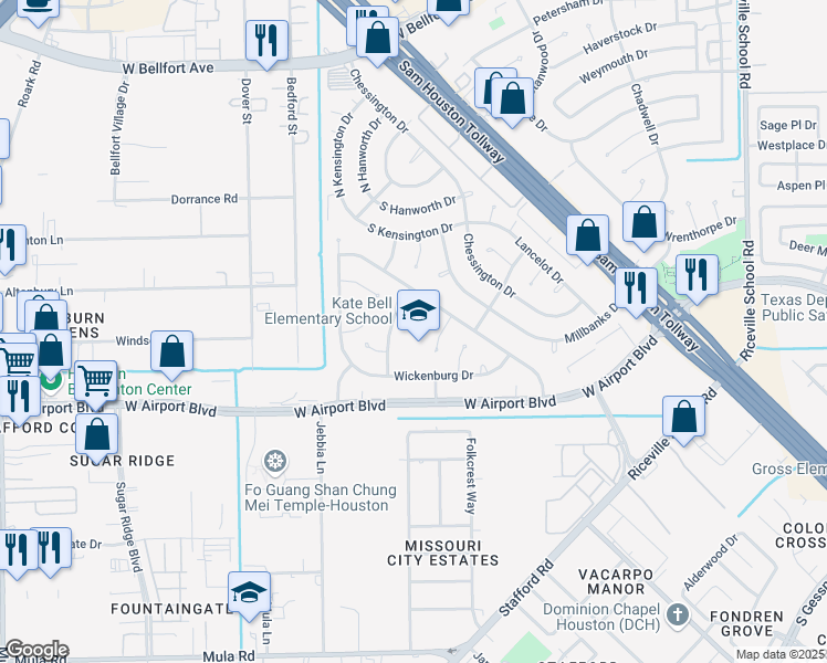 map of restaurants, bars, coffee shops, grocery stores, and more near 12330 Chesterbrook Drive in Houston
