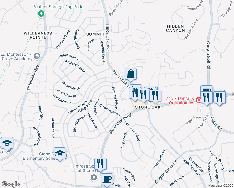 map of restaurants, bars, coffee shops, grocery stores, and more near 25222 Flaming Arrow in San Antonio