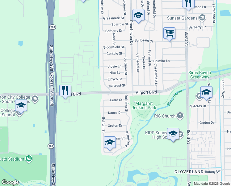 map of restaurants, bars, coffee shops, grocery stores, and more near 3084 Airport Boulevard in Houston