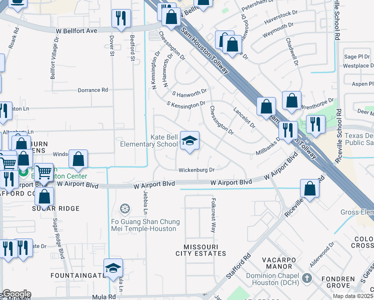 map of restaurants, bars, coffee shops, grocery stores, and more near 12323 Shaftsbury Drive in Houston