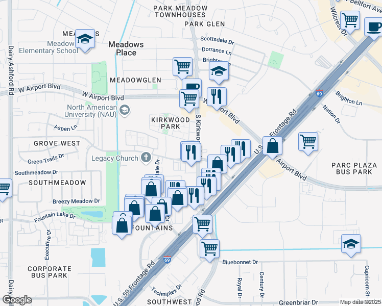 map of restaurants, bars, coffee shops, grocery stores, and more near 4800 Sugar Grove Boulevard in Stafford