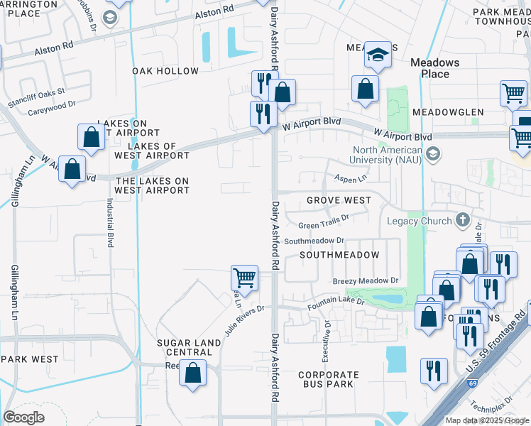 map of restaurants, bars, coffee shops, grocery stores, and more near 12144 Dairy Ashford Road in Sugar Land