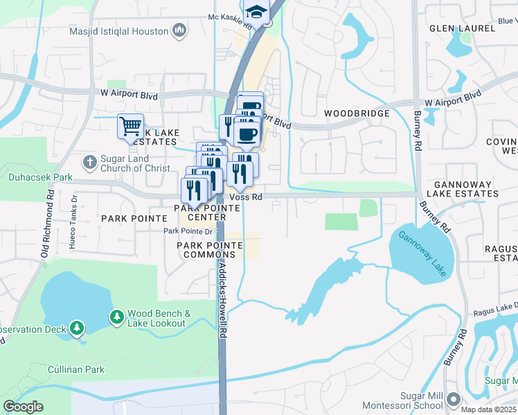 map of restaurants, bars, coffee shops, grocery stores, and more near 11797 South Texas 6 in Sugar Land