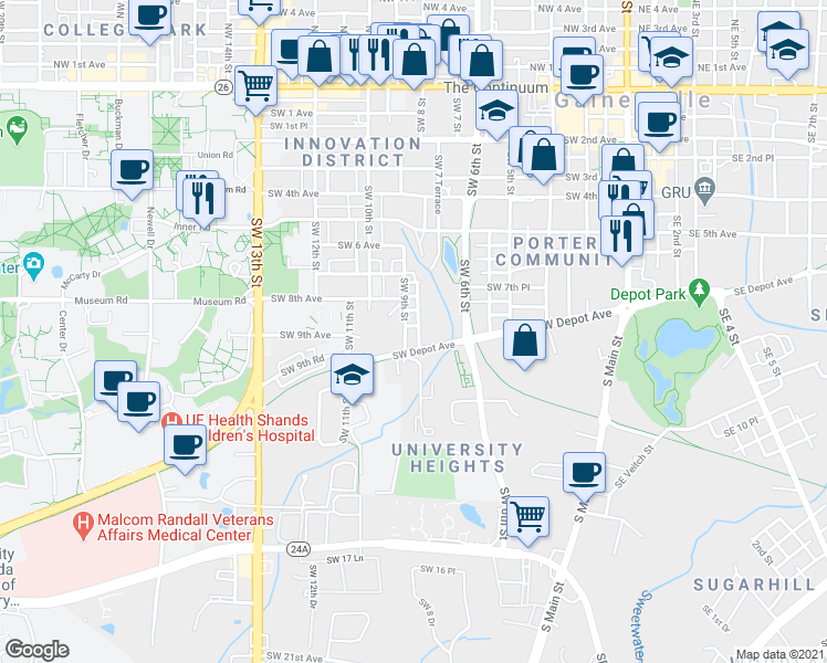 map of restaurants, bars, coffee shops, grocery stores, and more near 812 Southwest 8 Street in Gainesville
