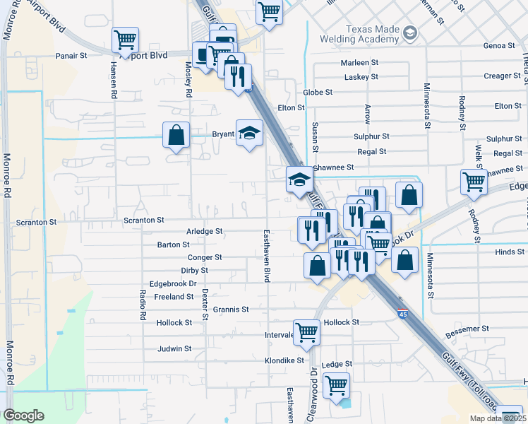 map of restaurants, bars, coffee shops, grocery stores, and more near 8621 Easthaven Boulevard in Houston