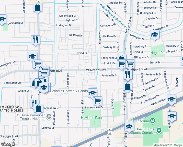 map of restaurants, bars, coffee shops, grocery stores, and more near 6160 West Airport Boulevard in Houston