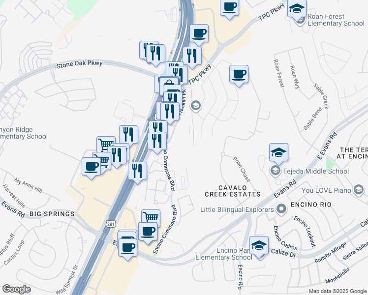 map of restaurants, bars, coffee shops, grocery stores, and more near 21938 Encino Cmns in San Antonio