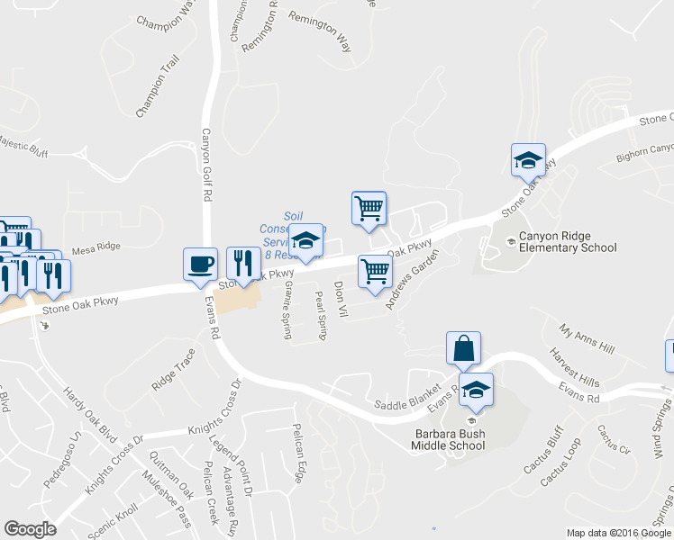 map of restaurants, bars, coffee shops, grocery stores, and more near 20271 Stone Oak Parkway in San Antonio