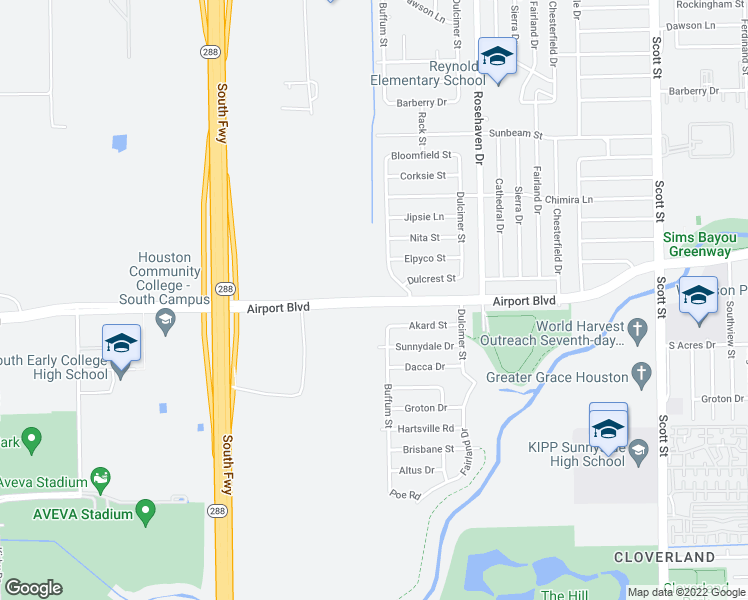 map of restaurants, bars, coffee shops, grocery stores, and more near Airport Boulevard in Houston