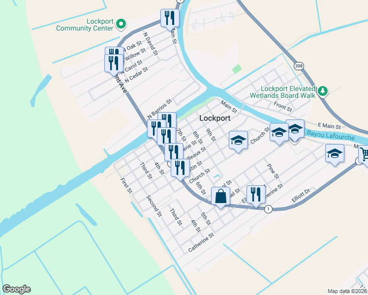 map of restaurants, bars, coffee shops, grocery stores, and more near 401-499 Barataria St in Lockport