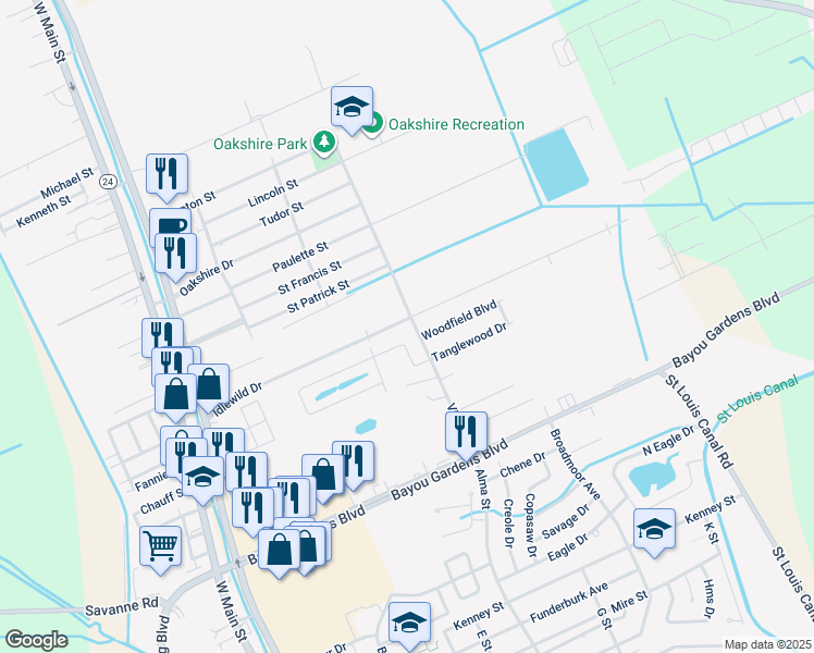 map of restaurants, bars, coffee shops, grocery stores, and more near 316 Idlewild Drive in Houma