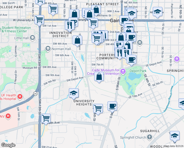 map of restaurants, bars, coffee shops, grocery stores, and more near 810 Southwest 5th Terrace in Gainesville