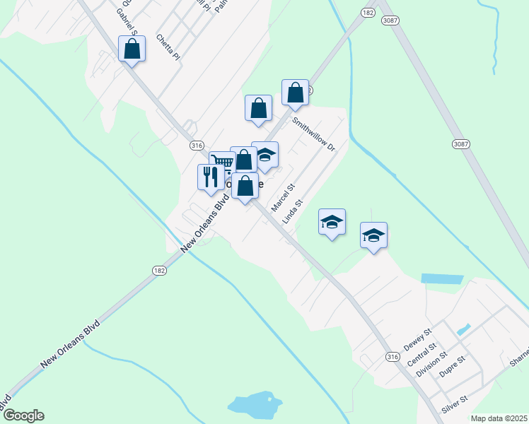 map of restaurants, bars, coffee shops, grocery stores, and more near 100 Hill Court in Houma