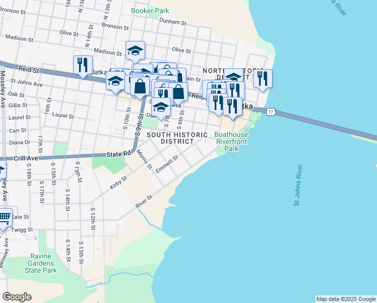 map of restaurants, bars, coffee shops, grocery stores, and more near 417 Kirby Street in Palatka