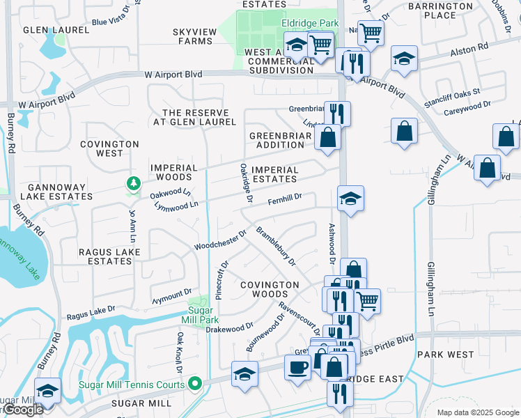 map of restaurants, bars, coffee shops, grocery stores, and more near 13614 Fernhill Drive in Sugar Land