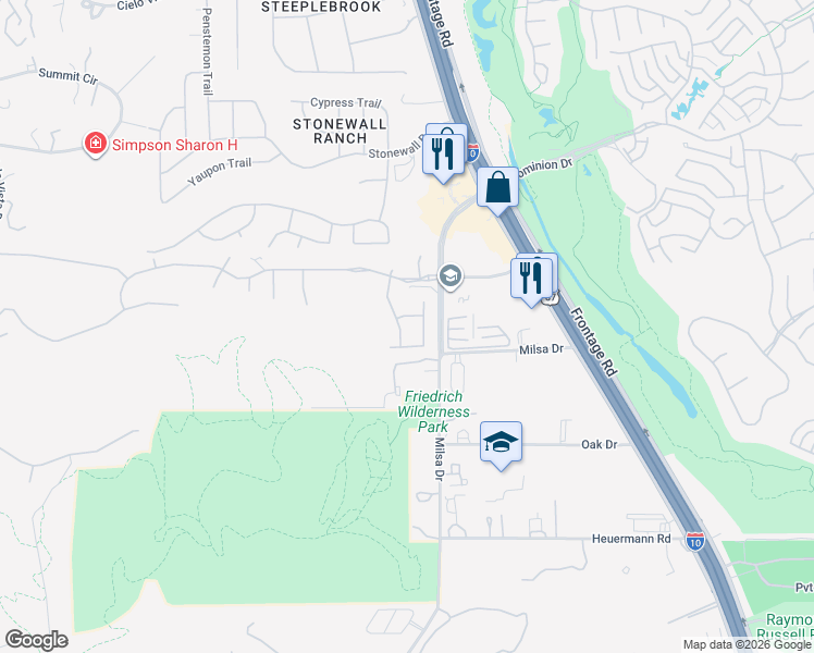 map of restaurants, bars, coffee shops, grocery stores, and more near 21706 Chaucer Hill in San Antonio