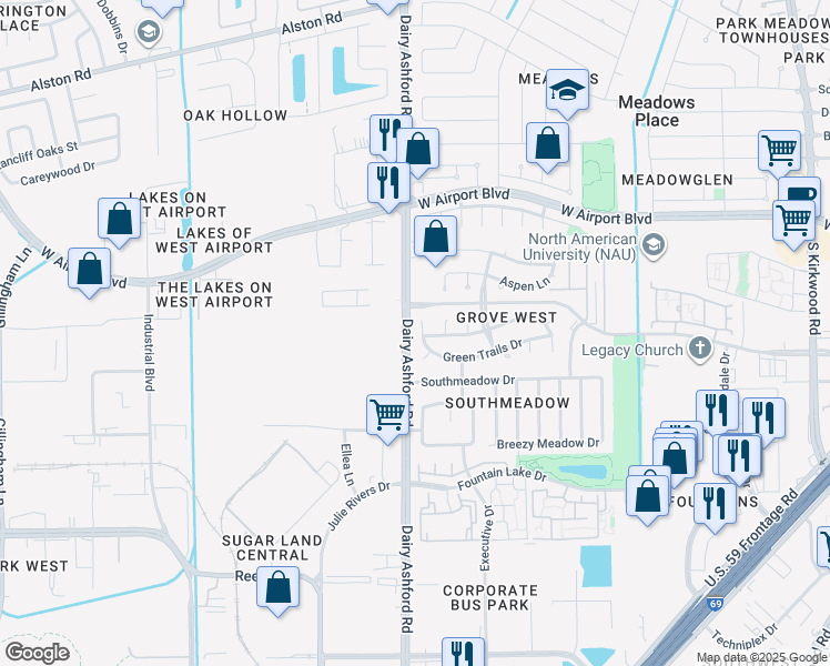 map of restaurants, bars, coffee shops, grocery stores, and more near 12144 Dairy Ashford Road in Sugar Land