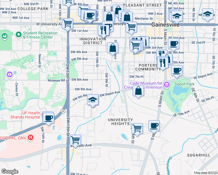 map of restaurants, bars, coffee shops, grocery stores, and more near 812 Southwest 8 Street in Gainesville