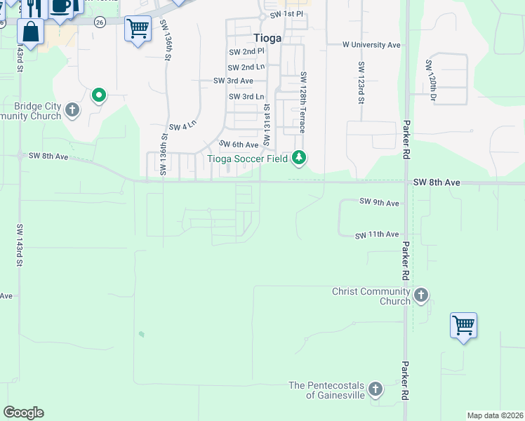 map of restaurants, bars, coffee shops, grocery stores, and more near 914 Southwest 131st Street in Newberry