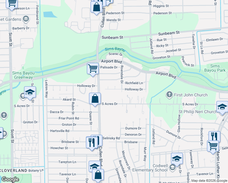 map of restaurants, bars, coffee shops, grocery stores, and more near 22 Sabra Court in Houston