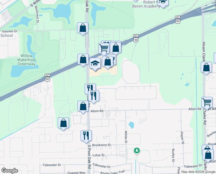map of restaurants, bars, coffee shops, grocery stores, and more near 5214 San Pablo Gardens Drive in Houston