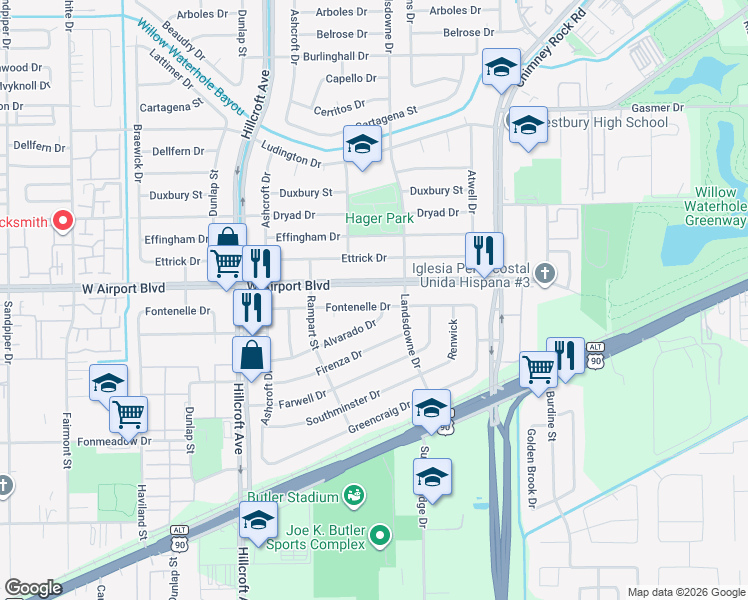 map of restaurants, bars, coffee shops, grocery stores, and more near 5711 West Airport Boulevard in Houston