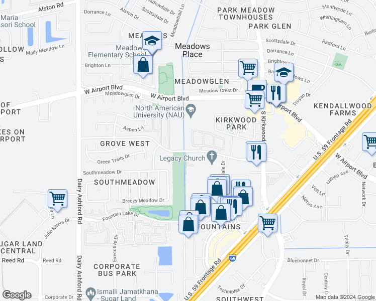 map of restaurants, bars, coffee shops, grocery stores, and more near 5010 Grove West Boulevard in Stafford