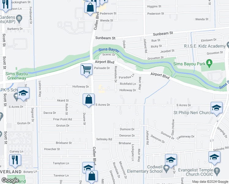 map of restaurants, bars, coffee shops, grocery stores, and more near 4830 Holloway Drive in Houston