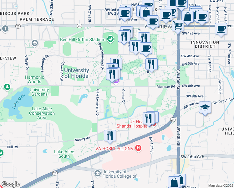 map of restaurants, bars, coffee shops, grocery stores, and more near 1889 Museum Road in Gainesville