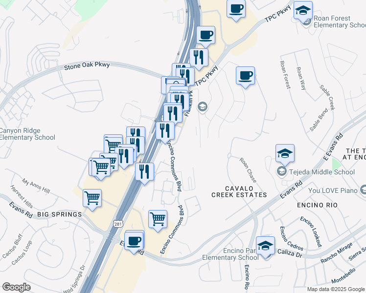 map of restaurants, bars, coffee shops, grocery stores, and more near 21802 Encino Commons in San Antonio