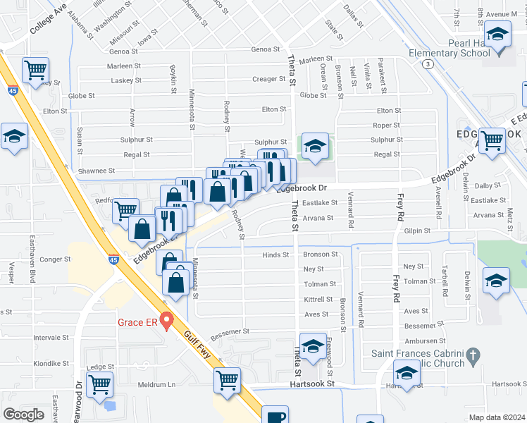 map of restaurants, bars, coffee shops, grocery stores, and more near 902 Eastlake Street in Houston