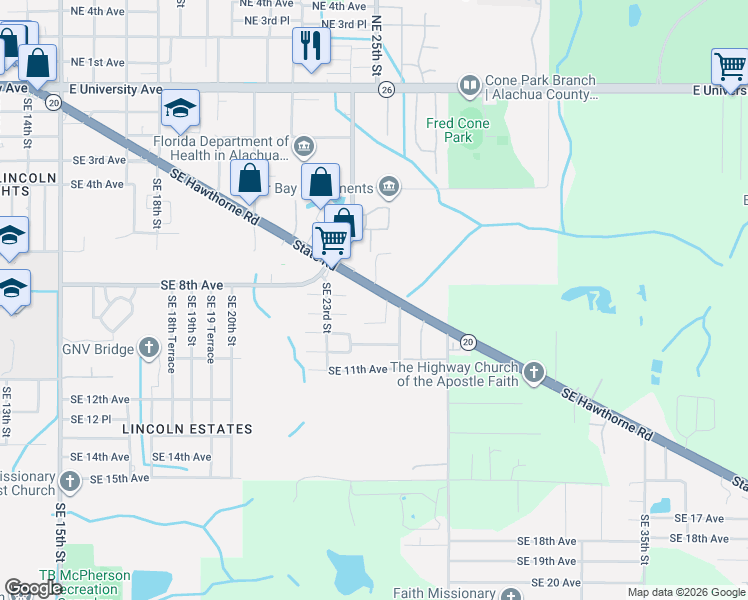 map of restaurants, bars, coffee shops, grocery stores, and more near 2420 Southeast Hawthorne Road in Gainesville