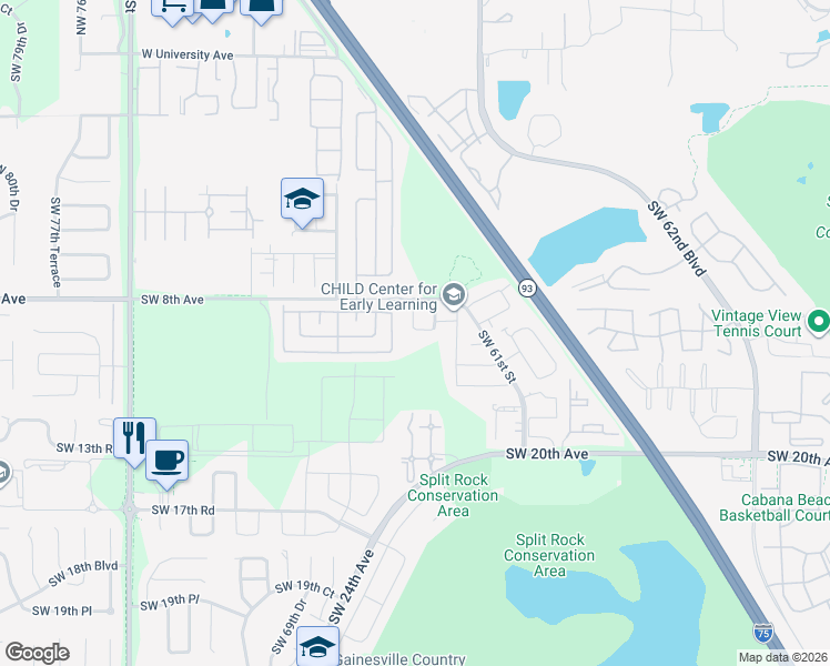 map of restaurants, bars, coffee shops, grocery stores, and more near 818 Southwest 63rd Terrace in Gainesville
