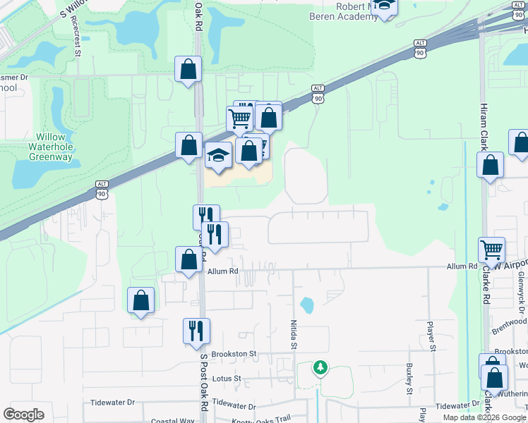 map of restaurants, bars, coffee shops, grocery stores, and more near 5214 San Pablo Gardens Drive in Houston