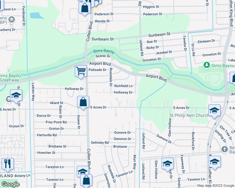 map of restaurants, bars, coffee shops, grocery stores, and more near 4918 Holloway Drive in Houston