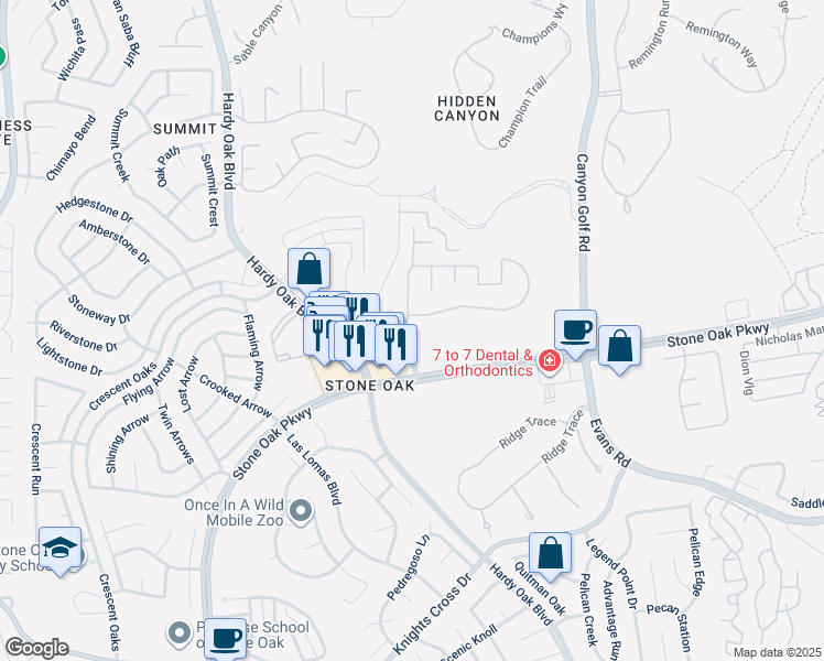 map of restaurants, bars, coffee shops, grocery stores, and more near 25210 Mesa Ranch in San Antonio