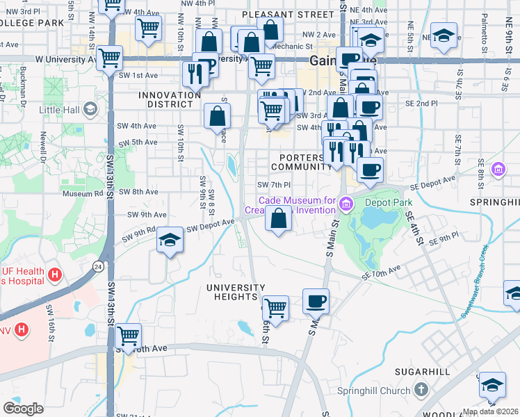 map of restaurants, bars, coffee shops, grocery stores, and more near 810 Southwest 5th Terrace in Gainesville