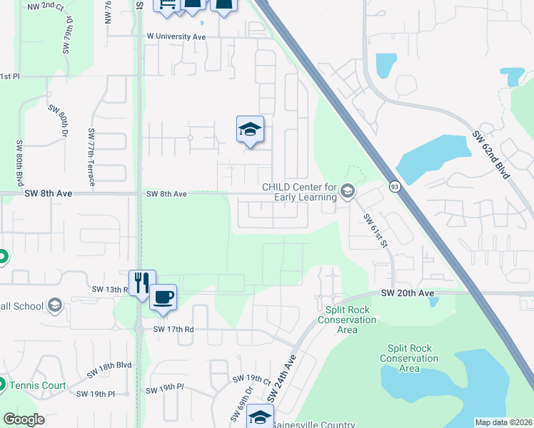 map of restaurants, bars, coffee shops, grocery stores, and more near 609 Southwest 61st Street in Gainesville